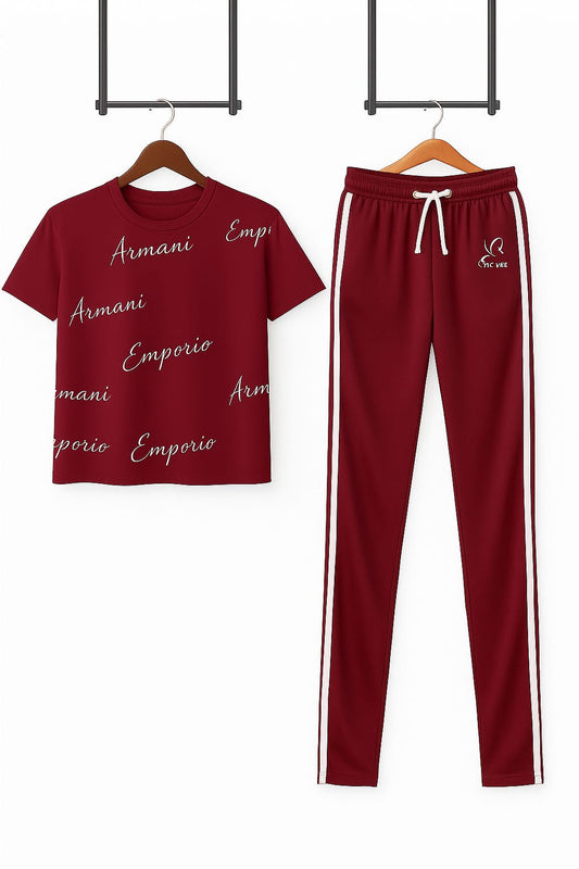 Armani Logo T-Shirt & Pic Mee Maroon Track trosuer – Premium Tracksuit Set