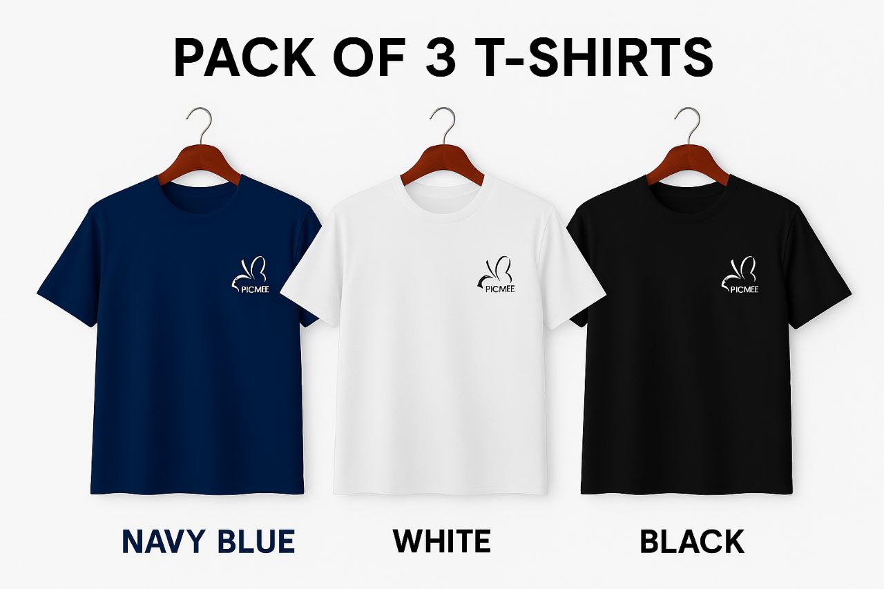 Pack of 3 Pic Mee Logo T-Shirts for Men – Navy Blue, Black & White – Soft Cotton Casual Wear"