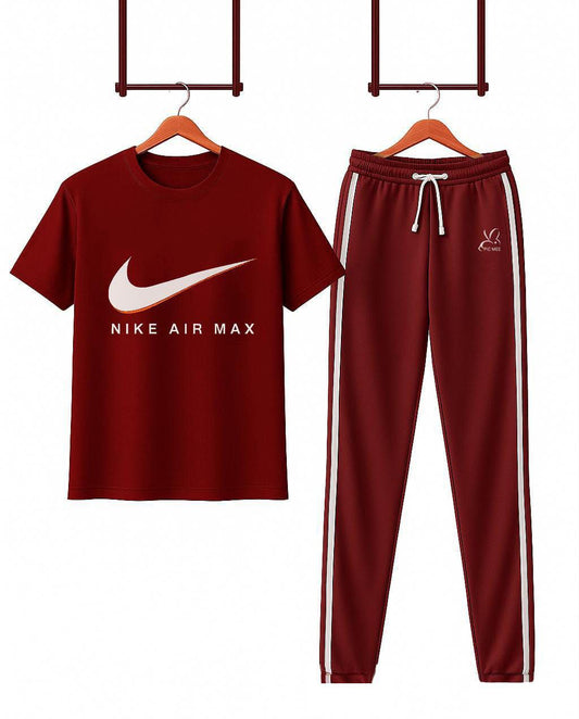 PicMee Premium Maroon Tracksuit | Nike Air Max T-Shirt & Stripe Trouser Set - For Men